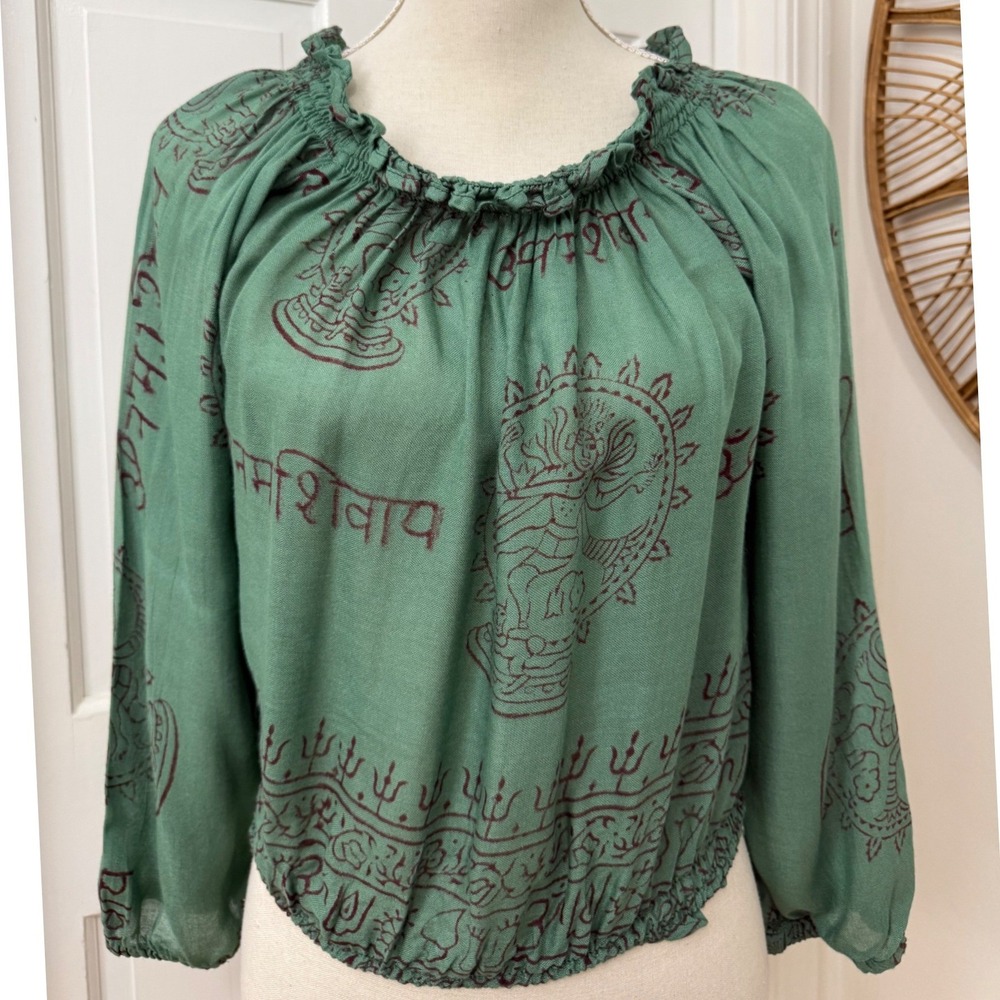 Earthbound Shiva Print Blouse L Green Boho Hippie Boho Festival Yoga Meditation